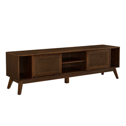 67.9 Inch Mid Century Modern Rattan TV Stand for TVs up to 75', Entertainment Cabinet, Media Console for Living Room Media Room, Solid Wood Feet & Rattan Cabinet Doors - Walnut - Groovy Boardz