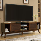 67.9 Inch Mid Century Modern Rattan Walnut TV Stand.