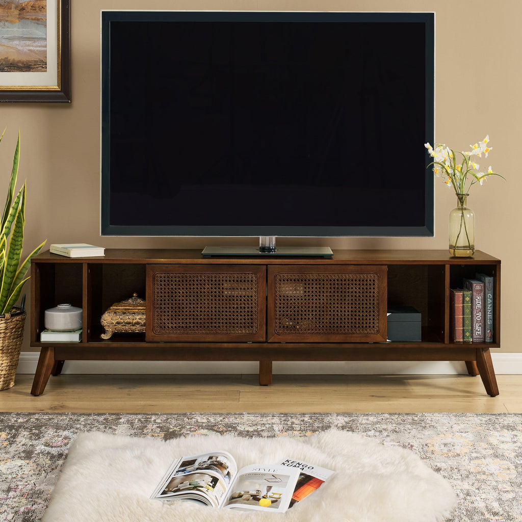67.9 Inch Mid Century Modern Rattan Walnut TV Stand.