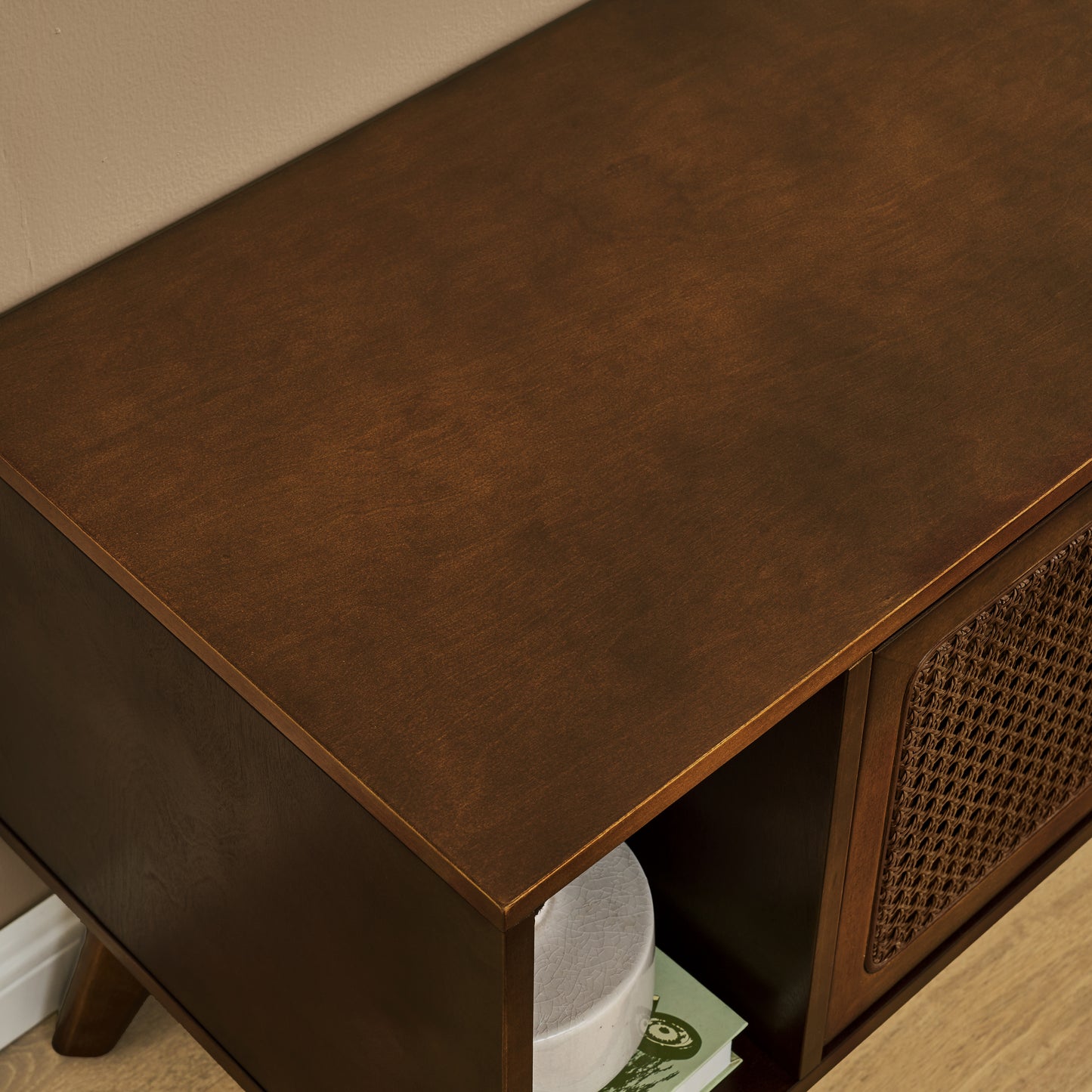 67.9 Inch Mid Century Modern Rattan TV Stand for TVs up to 75', Entertainment Cabinet, Media Console for Living Room Media Room, Solid Wood Feet & Rattan Cabinet Doors - Walnut - Groovy Boardz