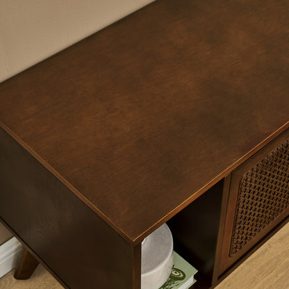 67.9 Inch Mid Century Modern Rattan TV Stand for TVs up to 75', Entertainment Cabinet, Media Console for Living Room Media Room, Solid Wood Feet & Rattan Cabinet Doors - Walnut - Groovy Boardz