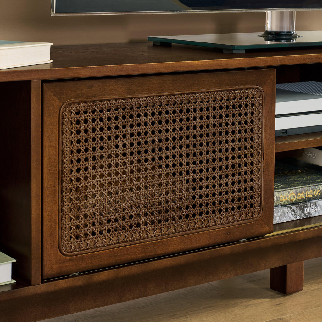 67.9 Inch Mid Century Modern Rattan Walnut TV Stand.