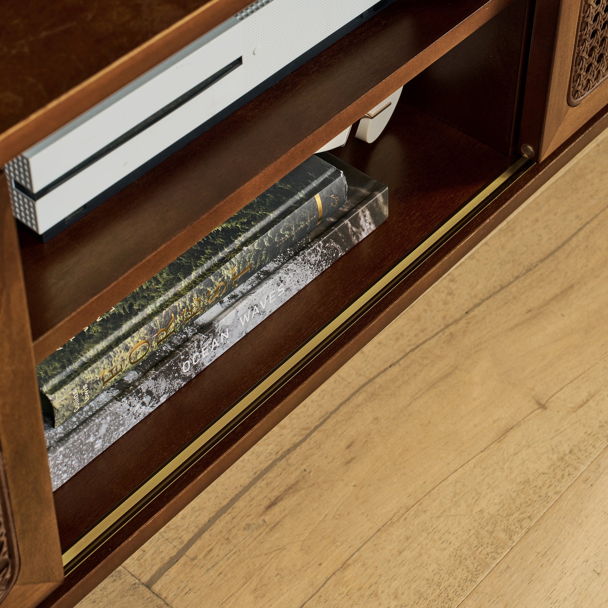 67.9 Inch Mid Century Modern Rattan TV Stand for TVs up to 75', Entertainment Cabinet, Media Console for Living Room Media Room, Solid Wood Feet & Rattan Cabinet Doors - Walnut - Groovy Boardz