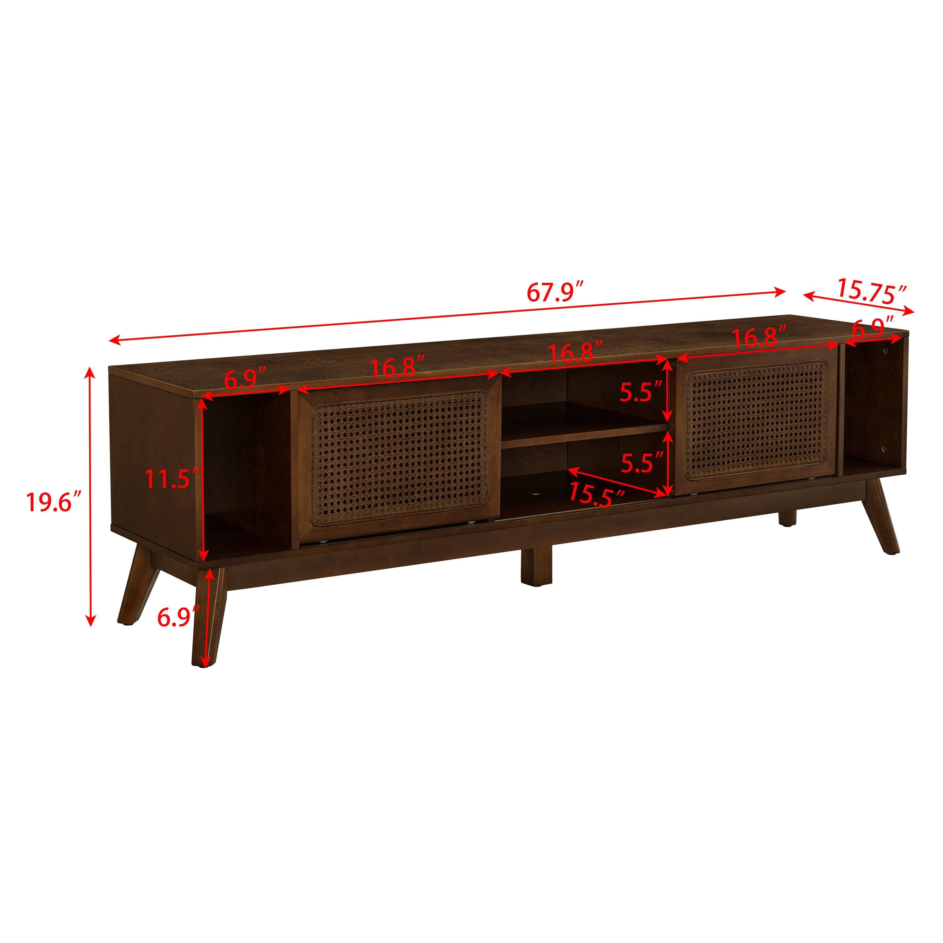 67.9 Inch Mid Century Modern Rattan Walnut TV Stand.