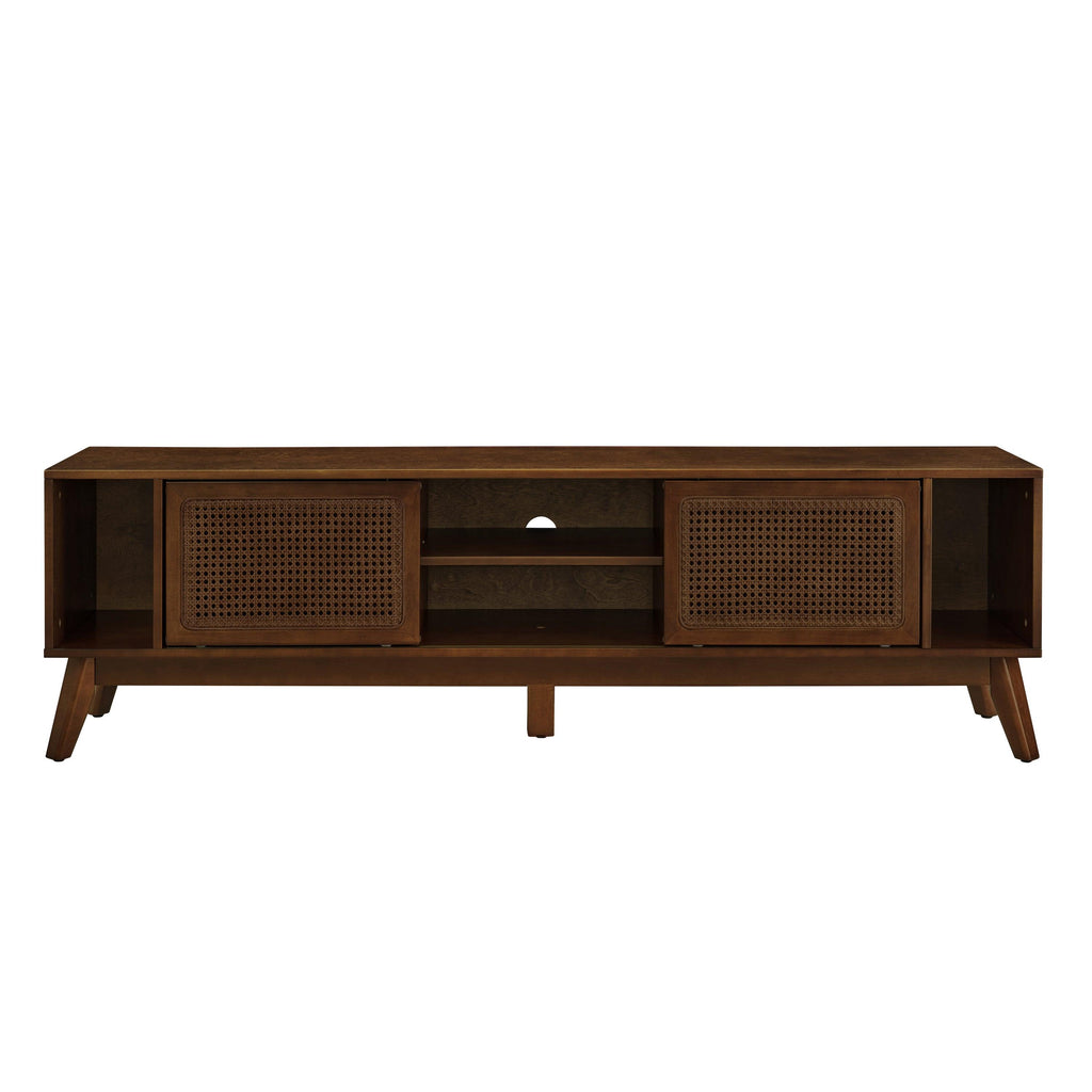 67.9 Inch Mid Century Modern Rattan Walnut TV Stand.