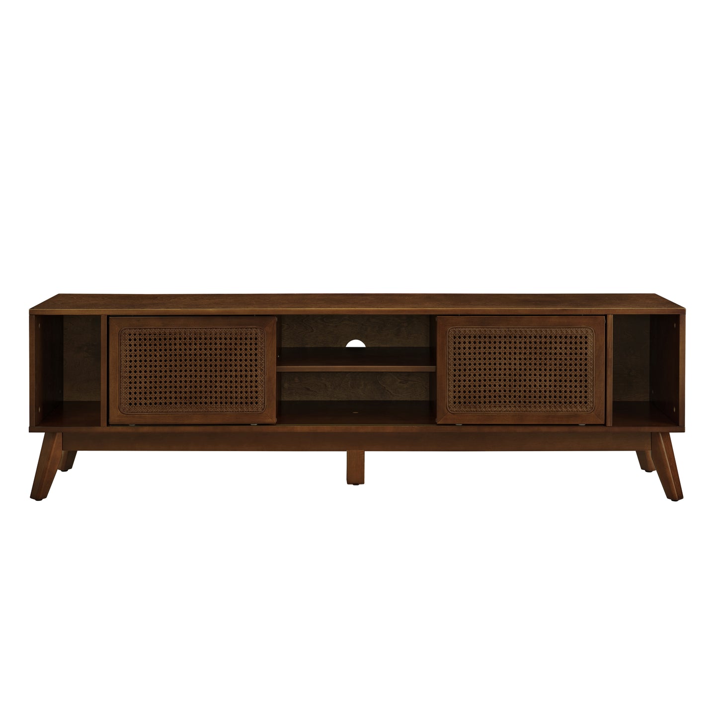 67.9 Inch Mid Century Modern Rattan TV Stand for TVs up to 75', Entertainment Cabinet, Media Console for Living Room Media Room, Solid Wood Feet & Rattan Cabinet Doors - Walnut - Groovy Boardz