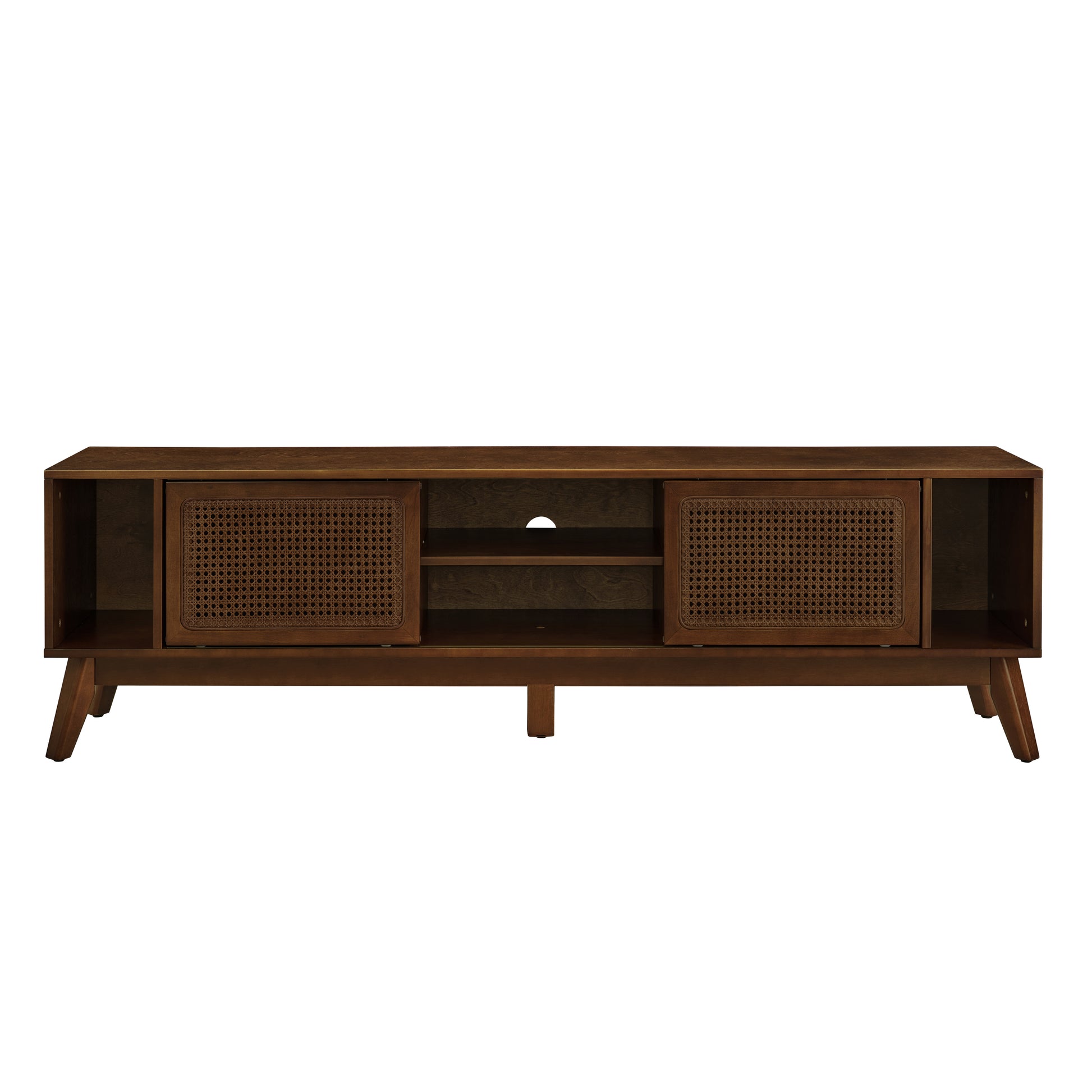 67.9 Inch Mid Century Modern Rattan TV Stand for TVs up to 75', Entertainment Cabinet, Media Console for Living Room Media Room, Solid Wood Feet & Rattan Cabinet Doors - Walnut - Groovy Boardz
