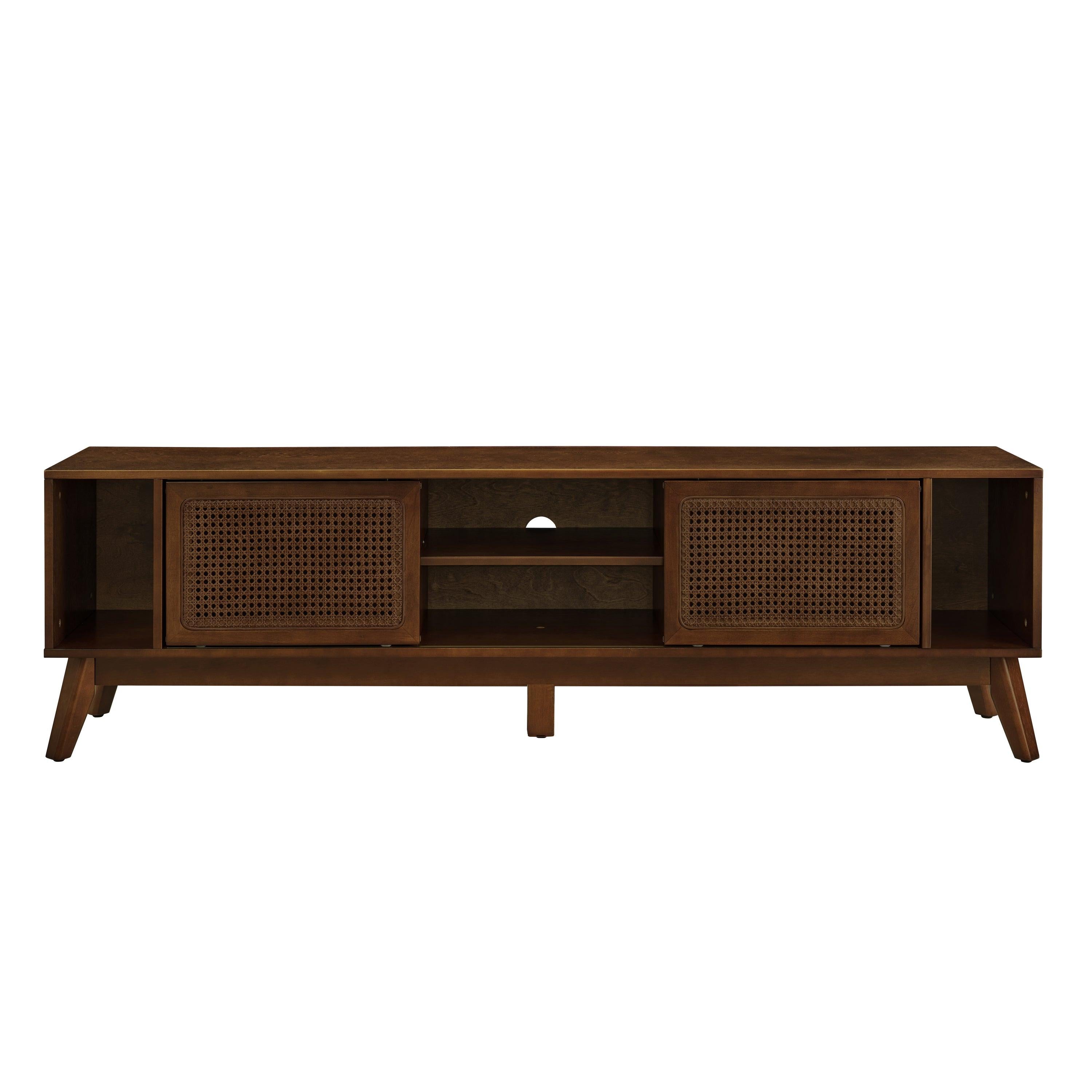 67.9 Inch Mid Century Modern Rattan Walnut TV Stand.