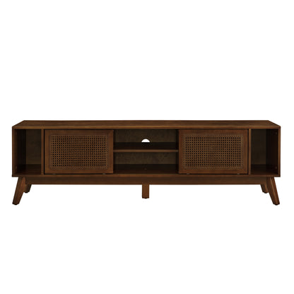 67.9 Inch Mid Century Modern Rattan TV Stand for TVs up to 75', Entertainment Cabinet, Media Console for Living Room Media Room, Solid Wood Feet & Rattan Cabinet Doors - Walnut - Groovy Boardz
