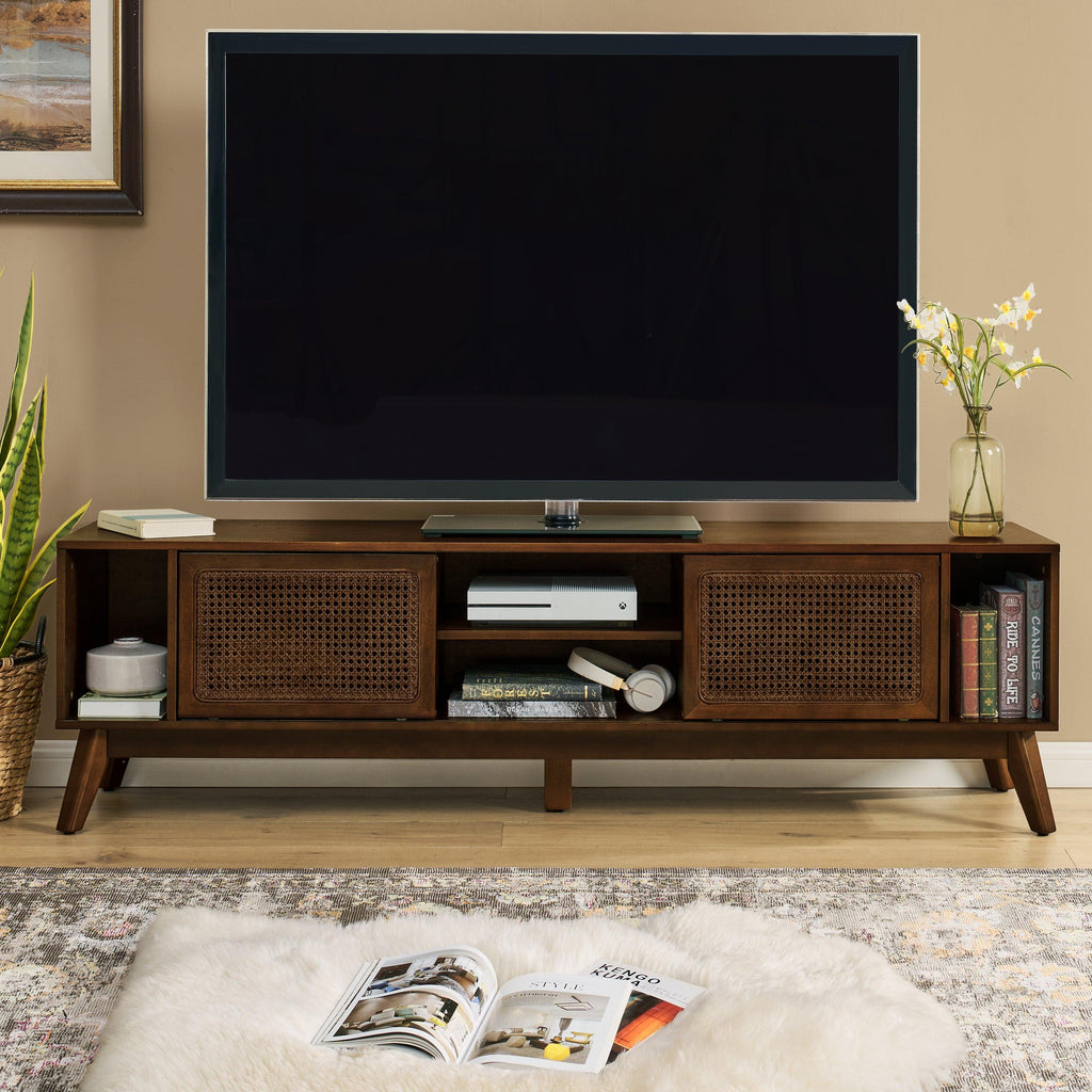 67.9 Inch Mid Century Modern Rattan Walnut TV Stand.
