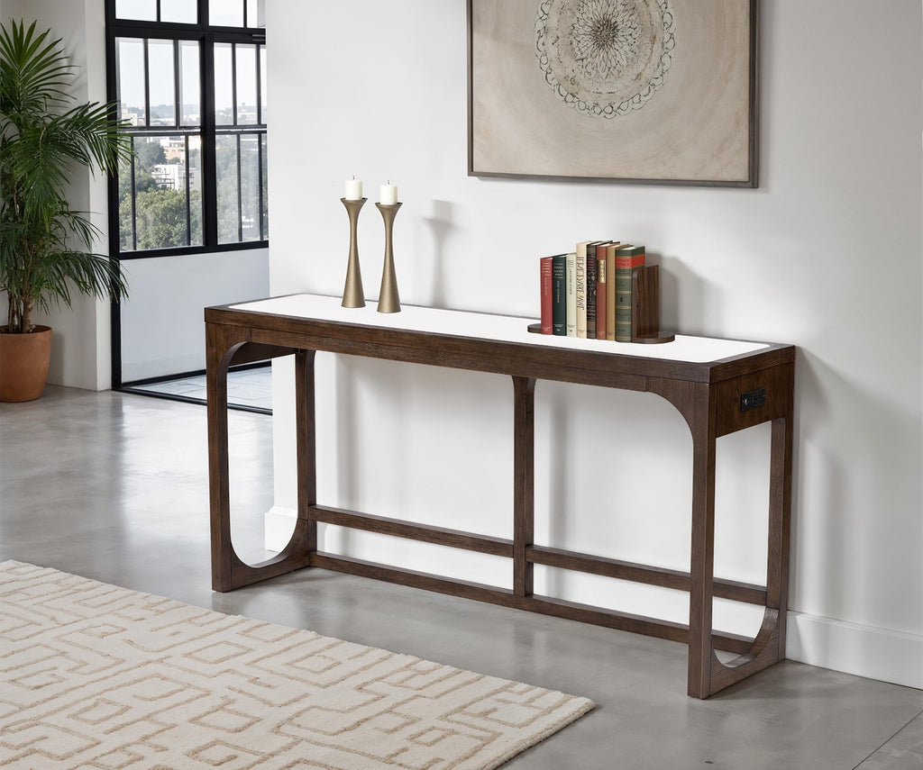 Modern living room setup featuring transitional sofa table with USB port in dark walnut. Elegant and functional design for stylish interiors.