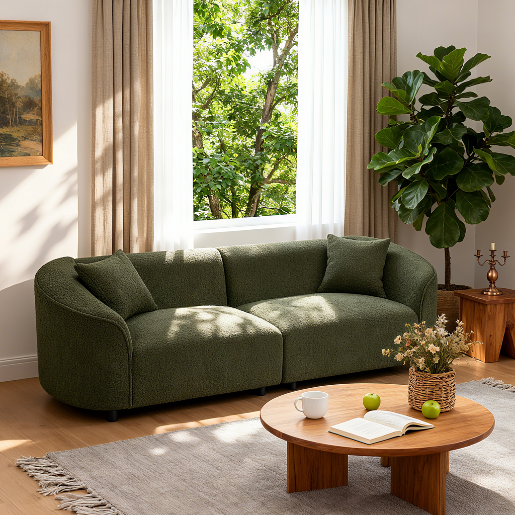87' Curved Contemporary Sofa Green for Stylish Living Spaces.