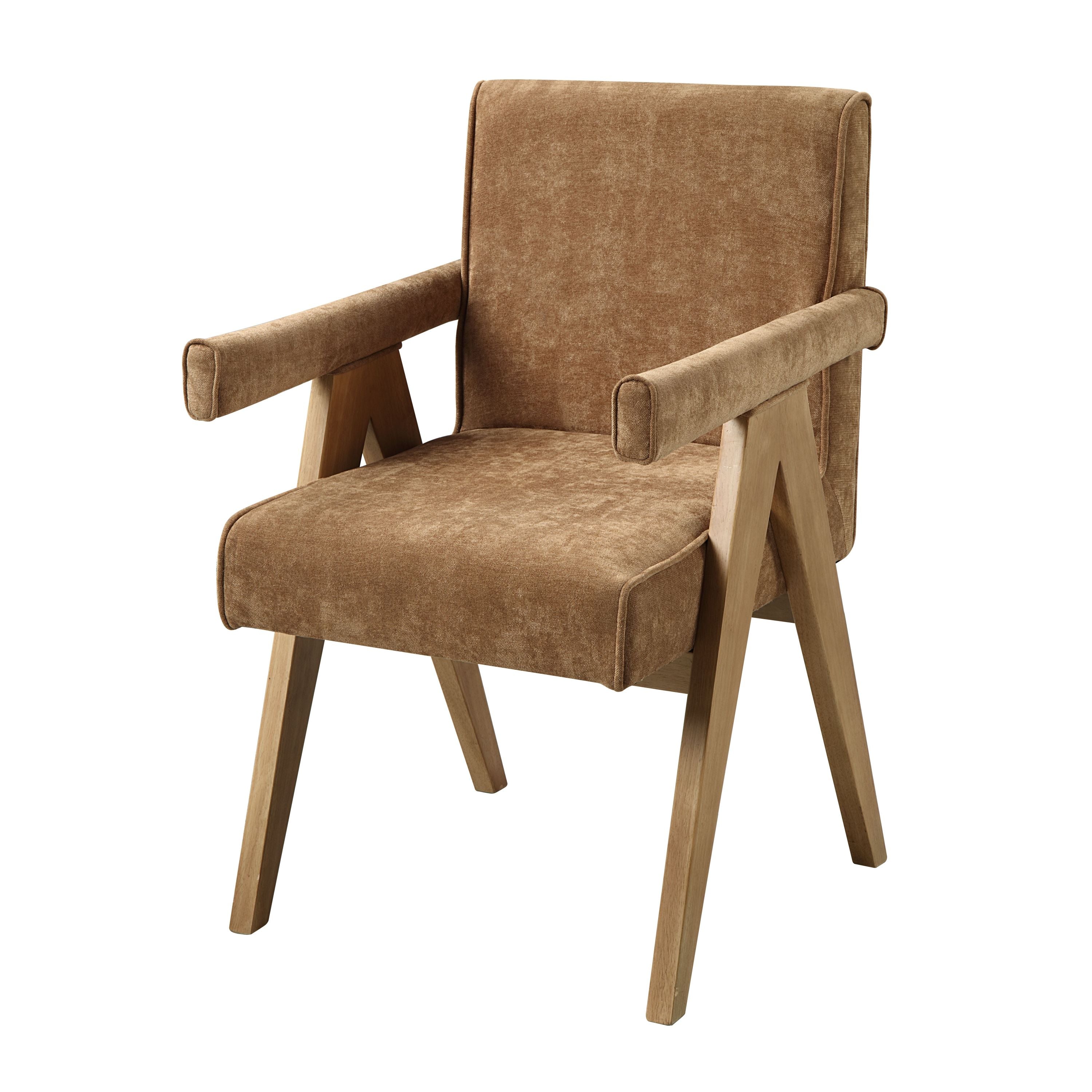 Zoey Chocolate Chenille Chair with oak crisscross legs and padded armrests, ideal for modern living room or office seating.