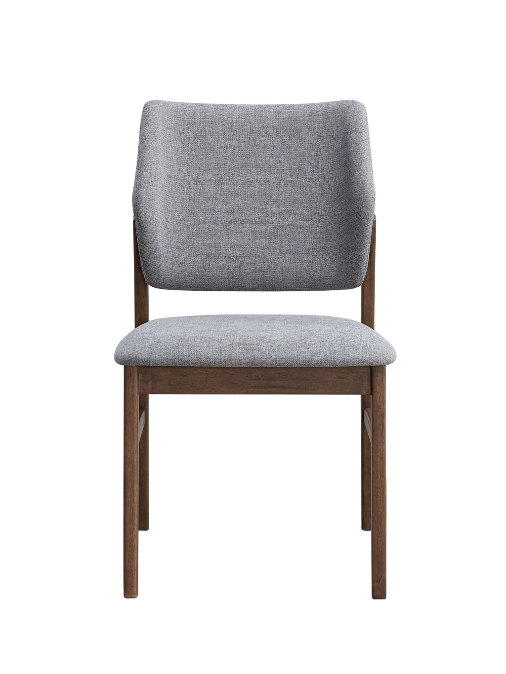 Front view of Sarha dining chair with gray cushion and walnut frame. Clean lines and contemporary style.