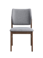Front view of Sarha dining chair with gray cushion and walnut frame. Clean lines and contemporary style.