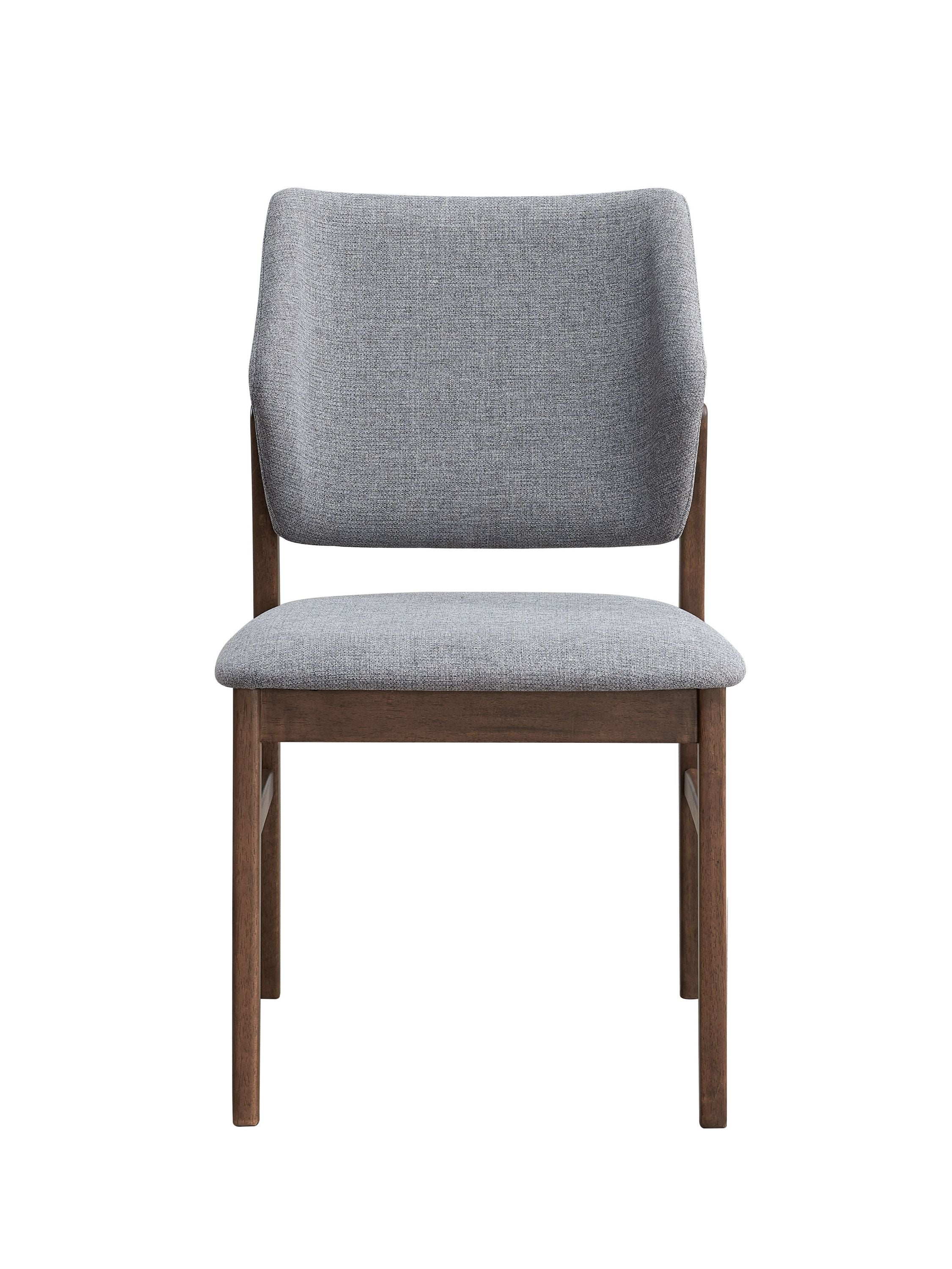 Front view of Sarha dining chair with gray cushion and walnut frame. Clean lines and contemporary style.