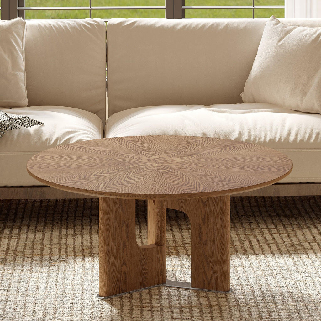 Round Rustic Ash Wood Coffee Table for Small Living Rooms.