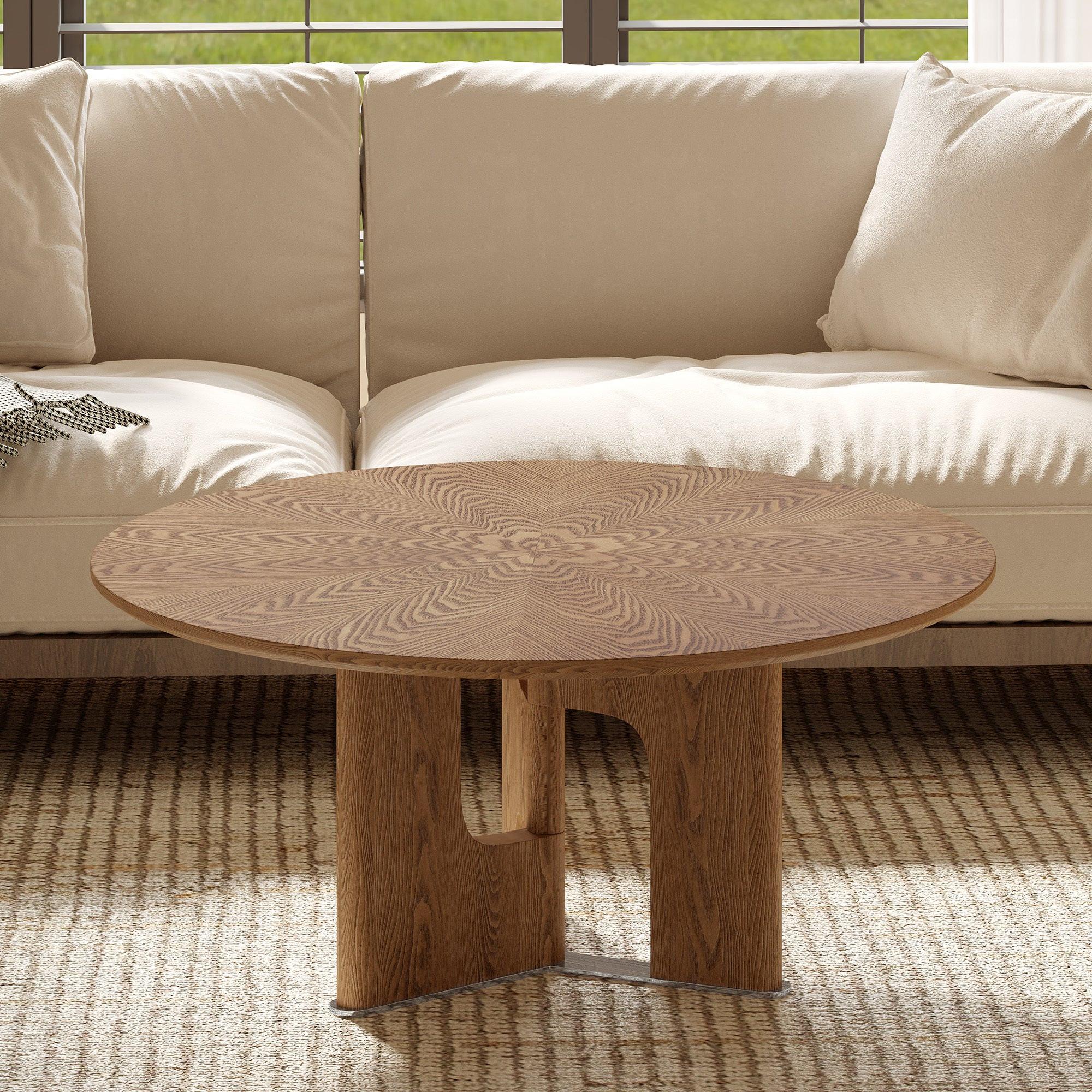 Round Rustic Ash Wood Coffee Table for Small Living Rooms.