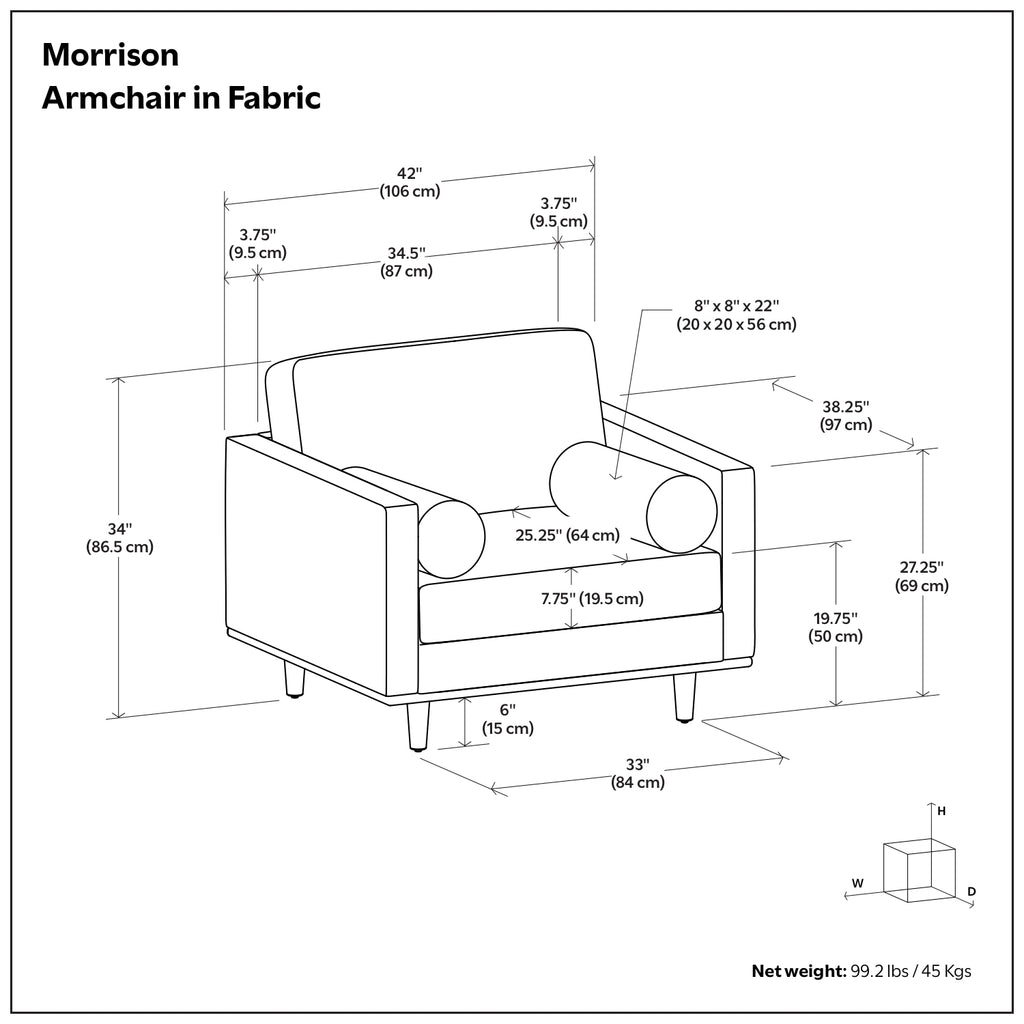 Dimension diagram of Modern Armchair Cream White - Morrison Collection with detailed measurements for width, depth, and height.