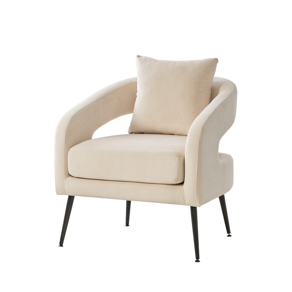 Modern Upholstered Velvet Open Back Accent Chair with Metal Legs, Cozy Round Armchair for Living Room, Bedroom, Beige