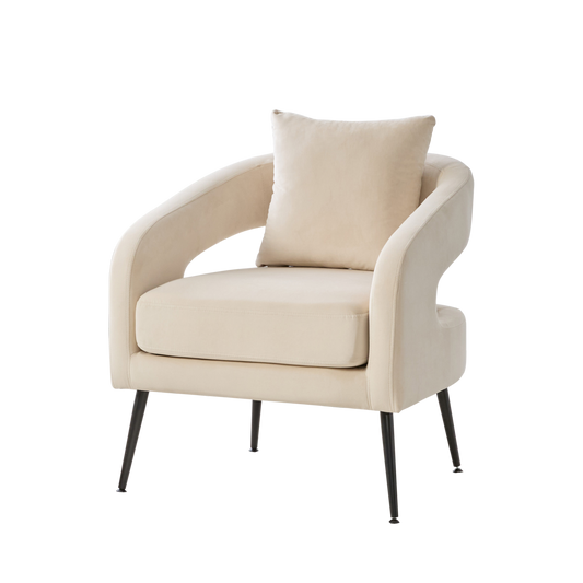 Modern Upholstered Velvet Open Back Accent Chair with Metal Legs, Cozy Round Armchair for Living Room, Bedroom, Beige