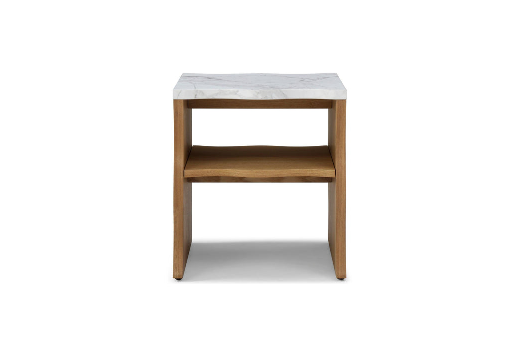 17.72' Whisper of Waves Modern End Table w/ Storage Shelf, Faux Marble Table w/ Solid Wood Veneered Table Base, Bedroom Nightstand, Accent Side Table for Living Room Apartment, Natural Wood Color.