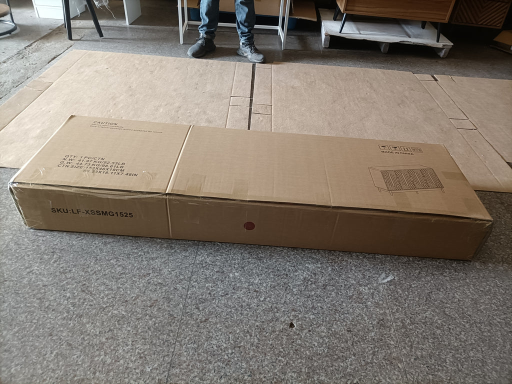 Flat-packed walnut sideboard in shipping box labeled with SKU and product image. Ready for easy assembly and delivery.