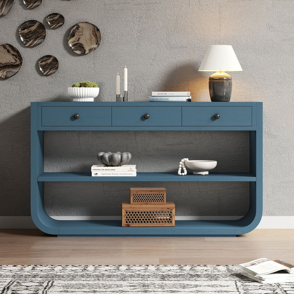 Blue Curved Wood Console Table with 3 Drawers and 2 Open Shelves