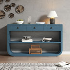 Blue Curved Wood Console Table with 3 Drawers and 2 Open Shelves