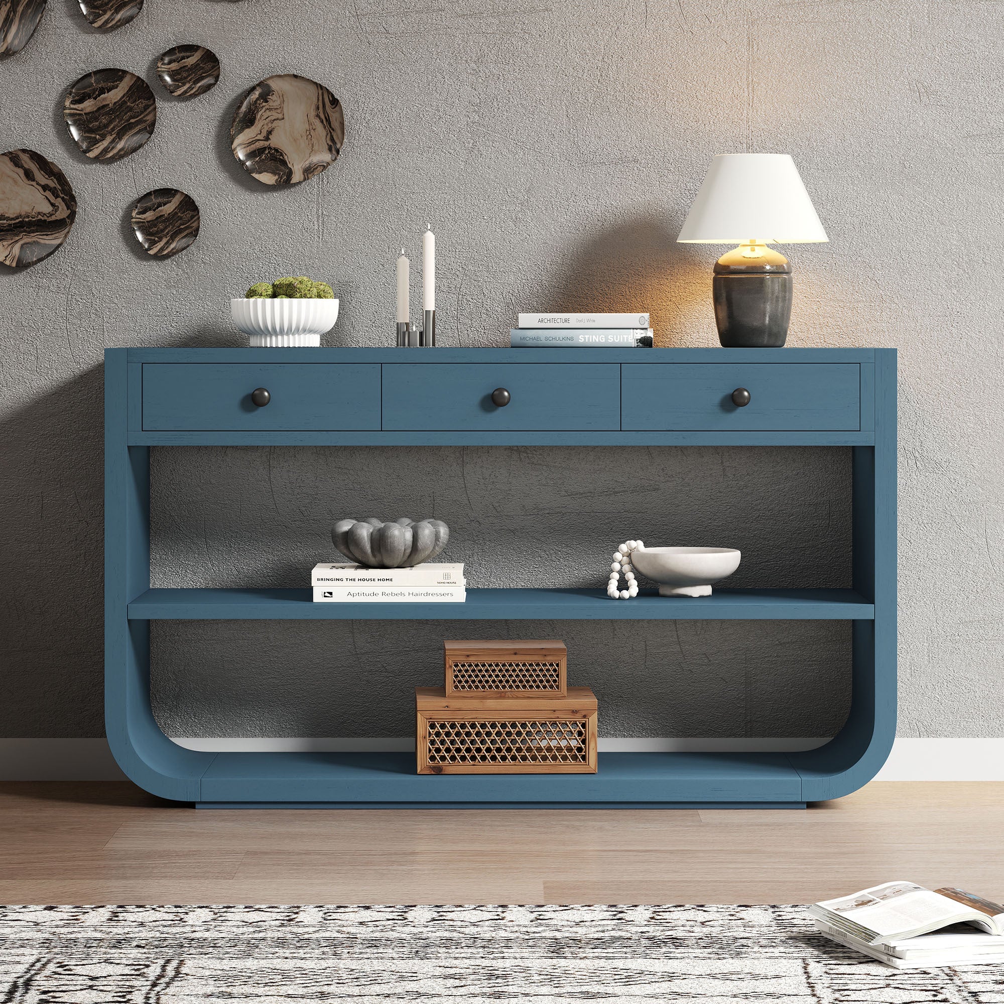 Blue Curved Wood Console Table with 3 Drawers and 2 Open Shelves