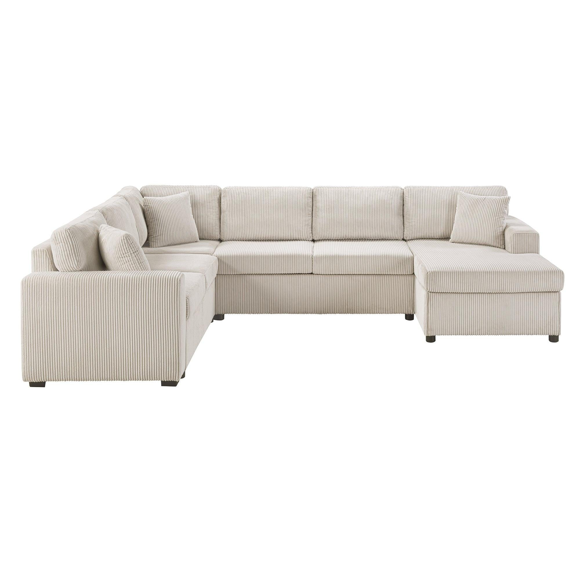 Oversized Sectional Sofa 115.3' U-Shaped Sofa with Chaise Lounge and Three Soft Throw Pillows, Light Gray Corduroy, 115.3' x 90.5'.