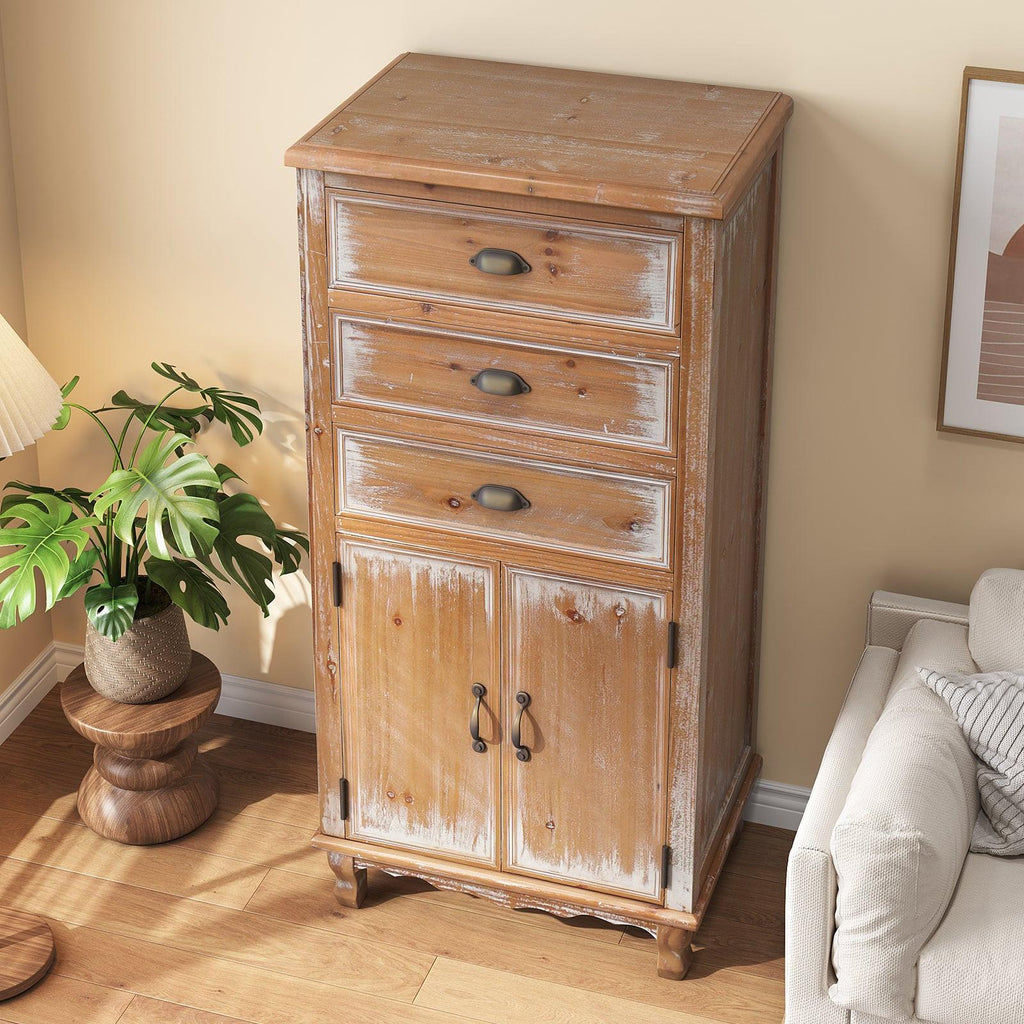 Rustic Wooden Storage Cabinet - Narrow Organizer with Drawers.