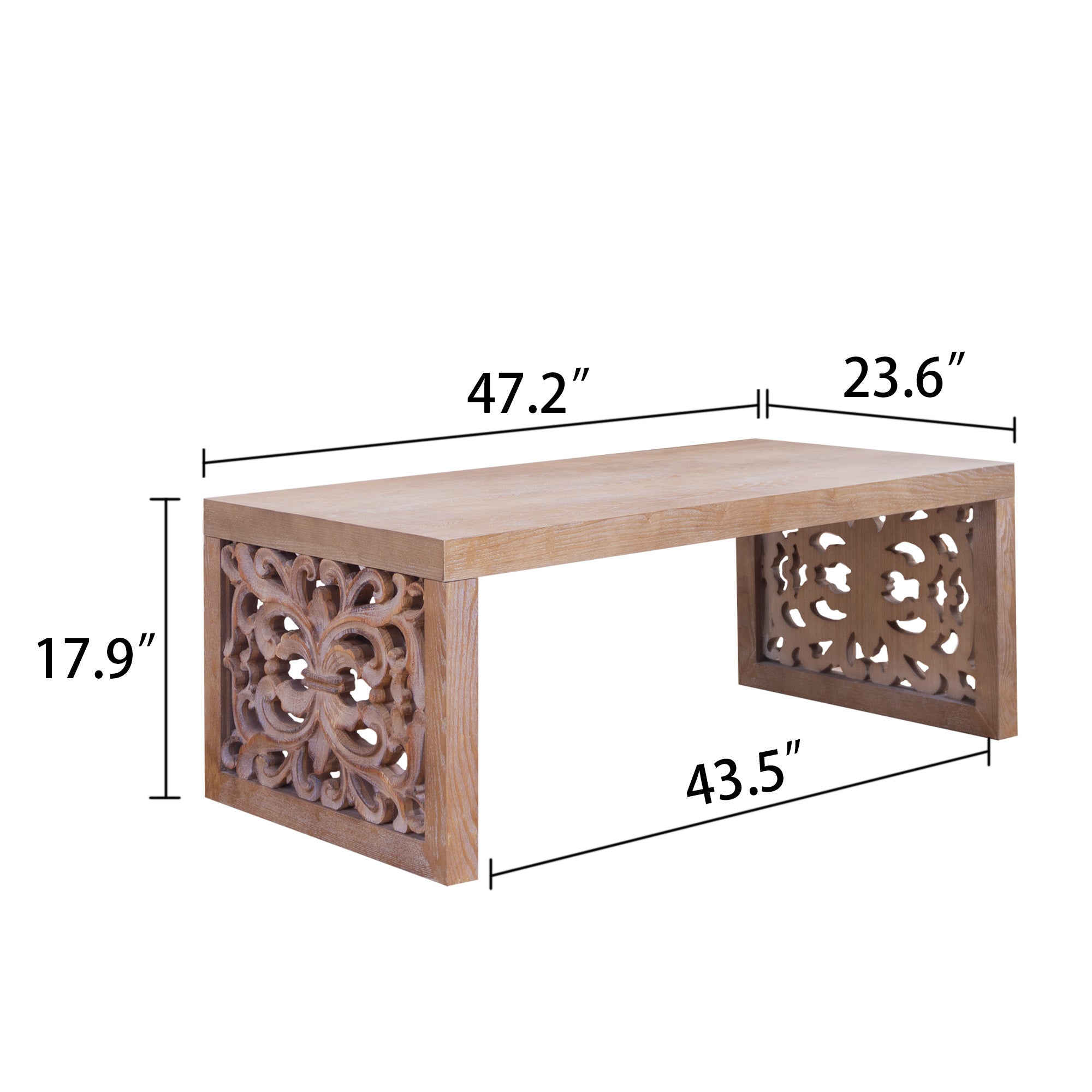 Dimensions of 47.2 rustic carved wood coffee table shown with measurements: 47.2 in length, 23.6 in width, and 17.9 in height.