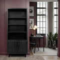 Black 78 inch Bookcase Pier - Radiance styled in a plum-toned home office with open shelves and fluted cabinet doors for modern storage.