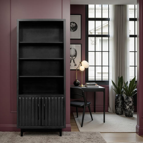 Black 78 inch Bookcase Pier - Radiance styled in a plum-toned home office with open shelves and fluted cabinet doors for modern storage.