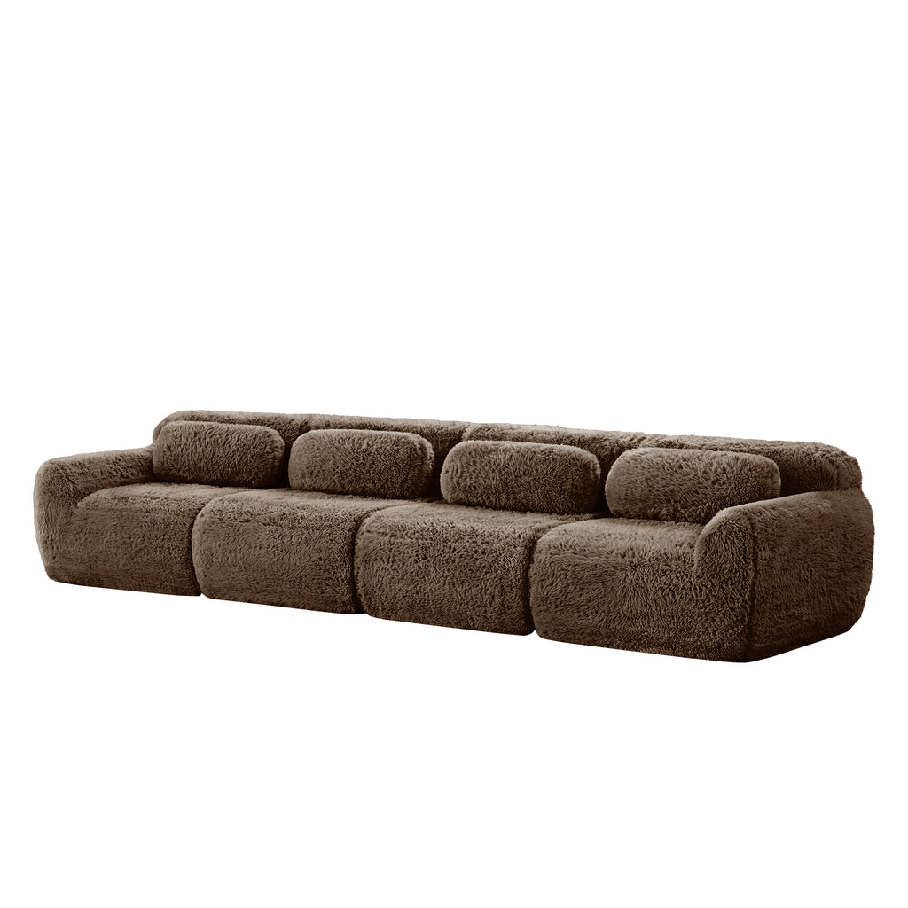 Side angle of Modular Chocolate Plush Sofa showcasing its curved armrests and ultra-soft plush texture for cozy lounging.