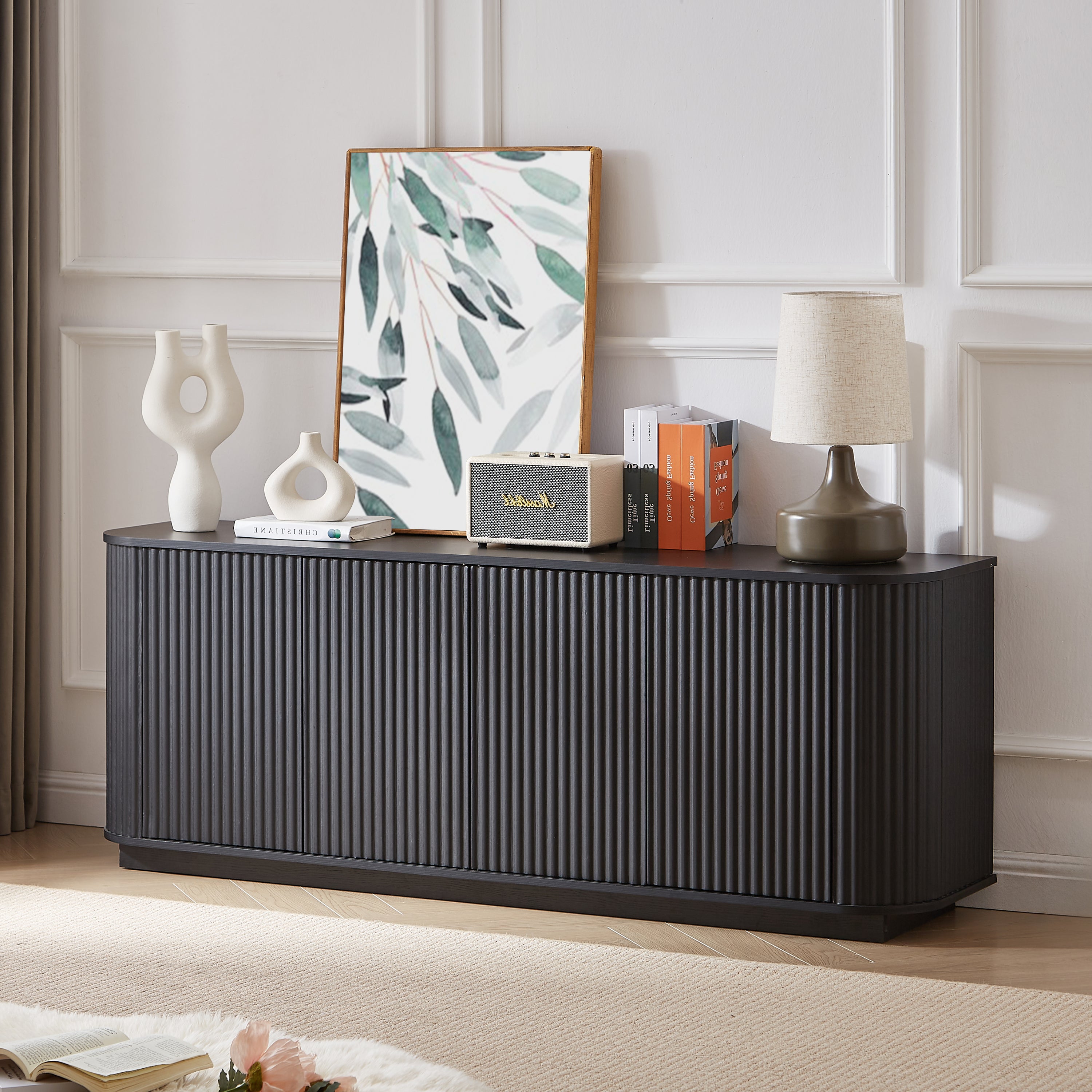 Wooden Sideboard TV Stand - Wave Pattern | MDF, Black cabinet styled in a modern living room with decor and wall art.