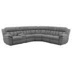 Charcoal modular power reclining sectional in fabric with memory foam, integrated storage console, and cup holders.