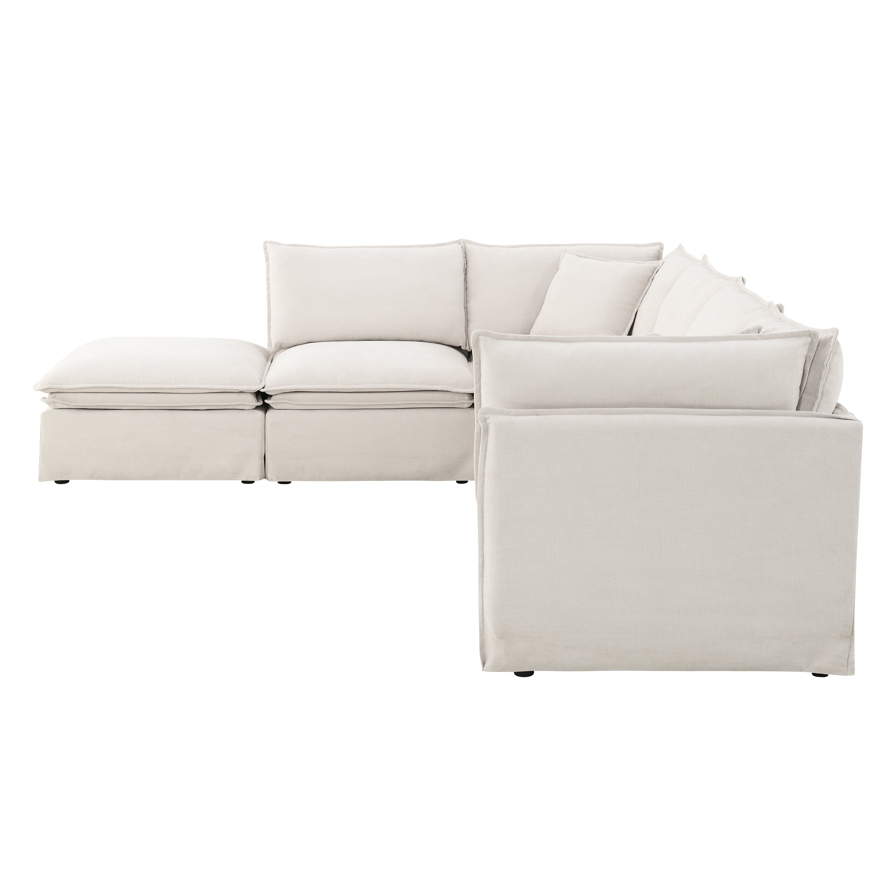Side angle of modular sectional sofa with ottoman, highlighting plush cushions and versatile configuration for living room comfort.