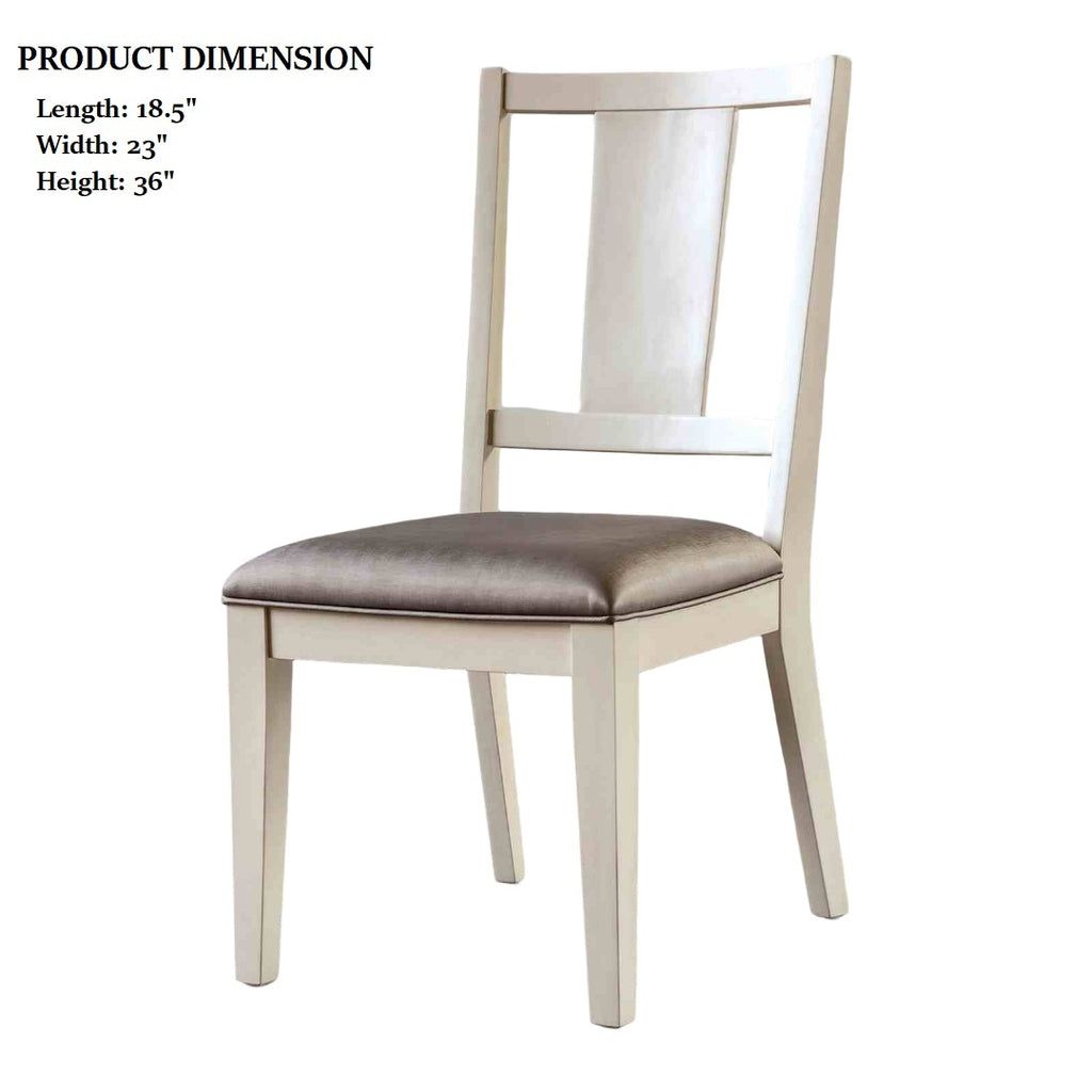 Transitional dining chair with oak finish, padded seat, and faceted back shown with product dimensions: 18.5"L x 23"W x 36"H.