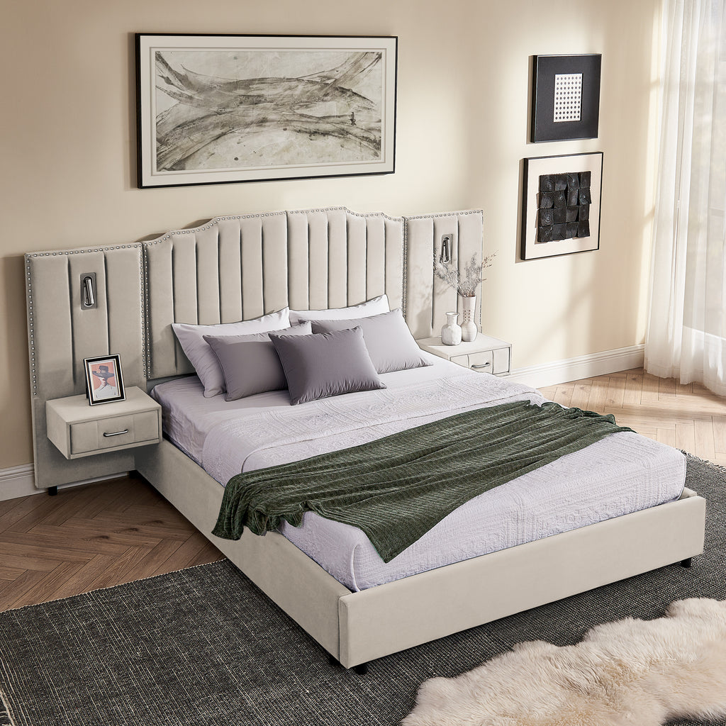 Modern queen bed frame in velvet with storage drawers, vertical panel headboard, and integrated bedside tables with lighting fixtures.
