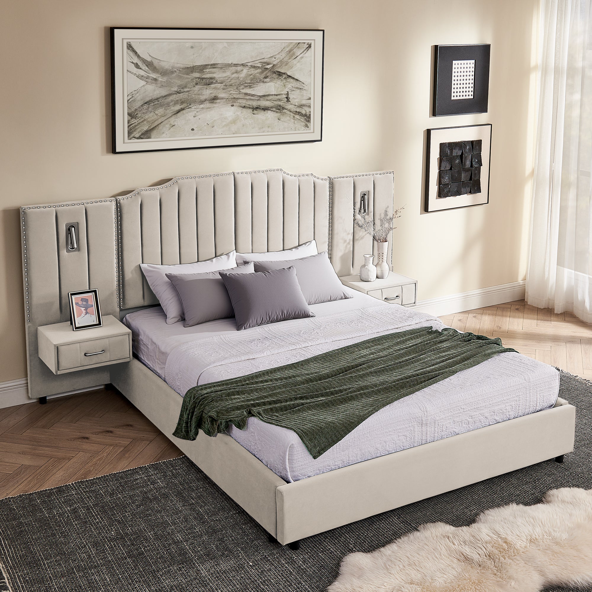 Modern queen bed frame in velvet with storage drawers, vertical panel headboard, and integrated bedside tables with lighting fixtures.