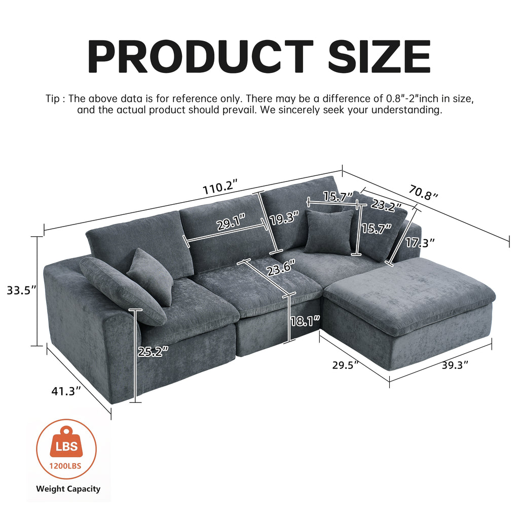 Detailed product dimensions of Modern Sectional Couch - Minimalist Sofa | 4 Seats, highlighting seat depth, height, and overall width for living room fit.