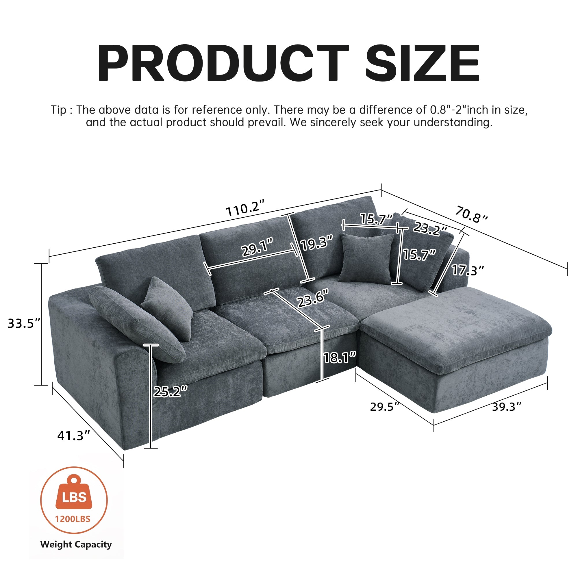 Detailed product dimensions of Modern Sectional Couch - Minimalist Sofa | 4 Seats, highlighting seat depth, height, and overall width for living room fit.