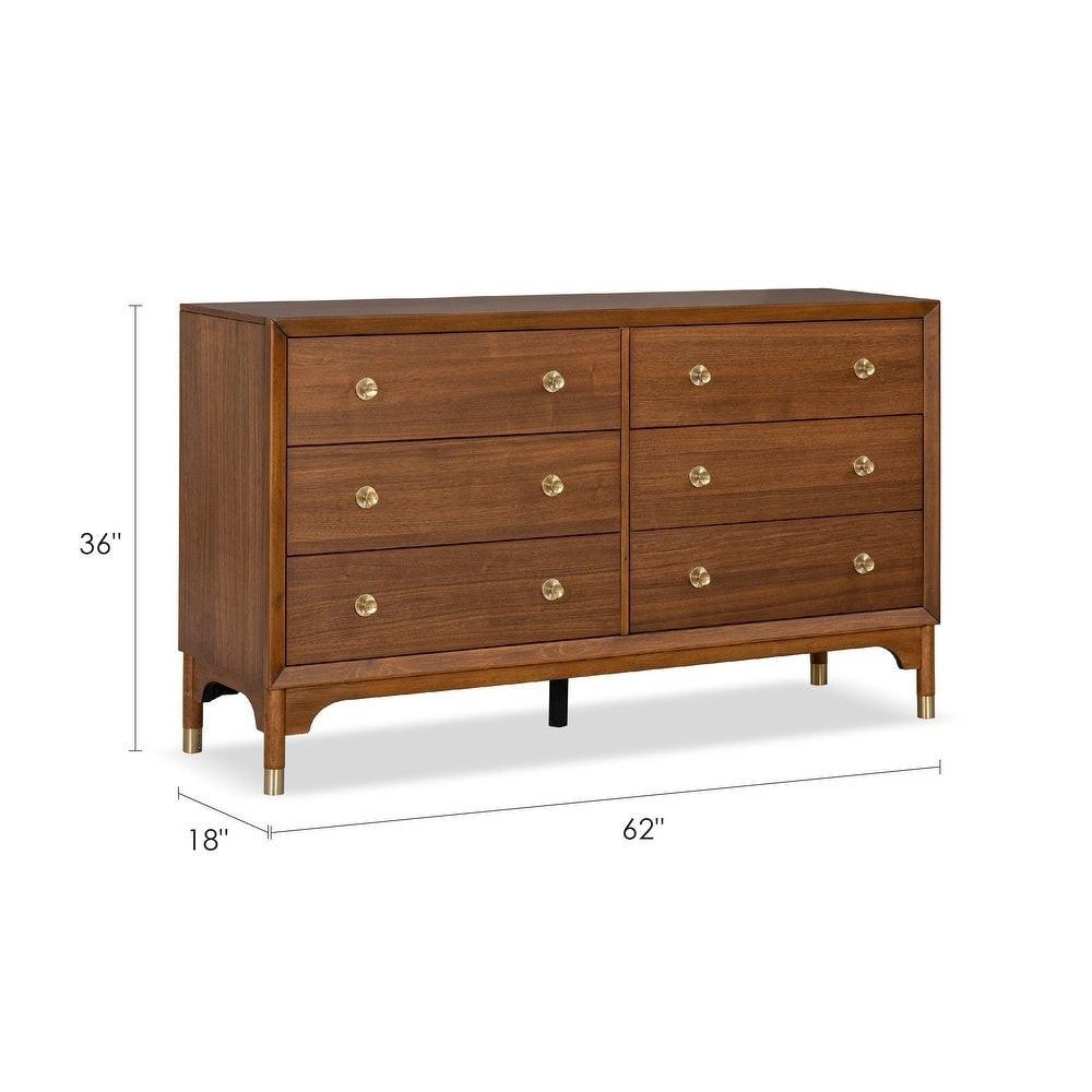 Walnut 6-Drawers Dresser with Gold-Capped Legs.