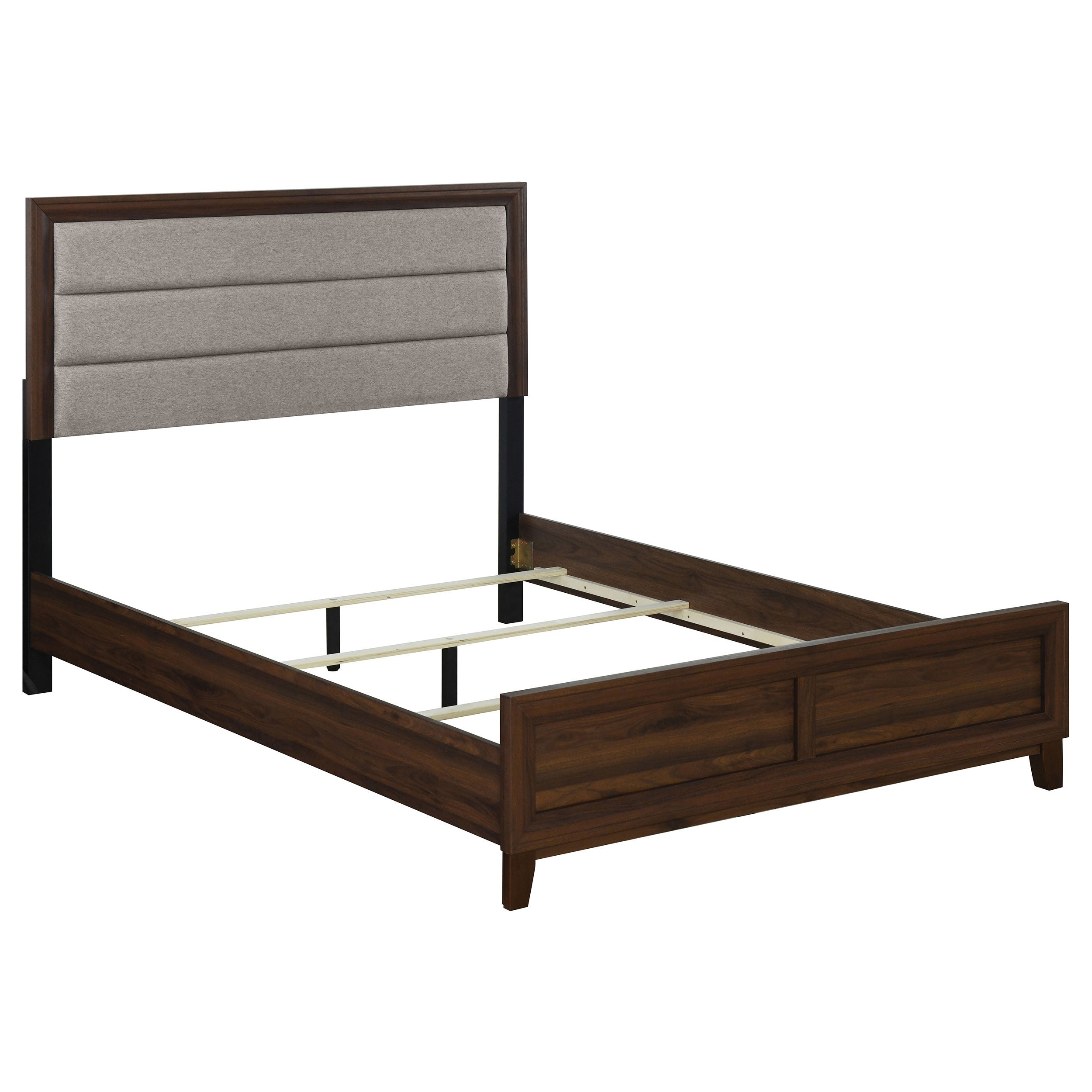 Modern walnut queen bed frame with a taupe upholstered, foam-cushioned headboard and sleek engineered wood finish.
