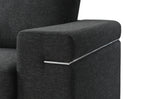 Side view of Gianna Black Linen Arm Chair armrest with chrome accent trim, emphasizing European design and refined craftsmanship.