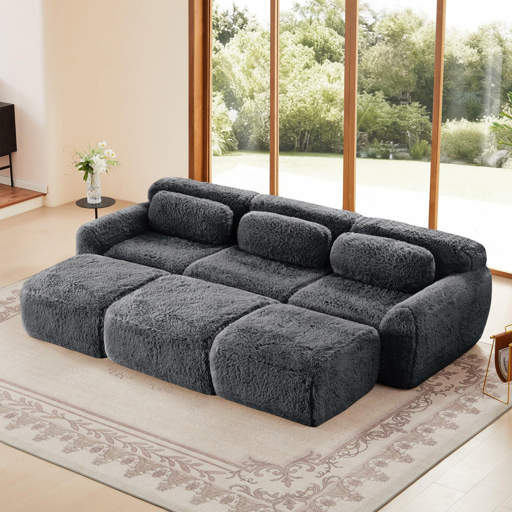 Modular 3-Seater Plush Sofa with Movable Ottoman - Dark Grey.