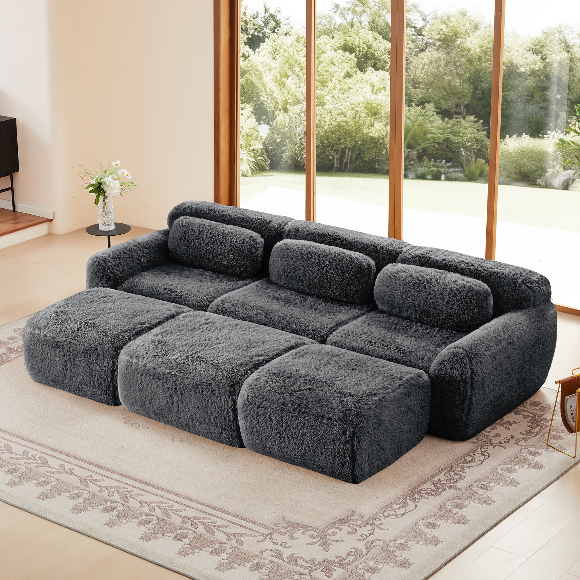 Modular Plush Sofa - Dark Grey with movable ottoman in a sunlit living room, featuring plush fabric and no assembly required.