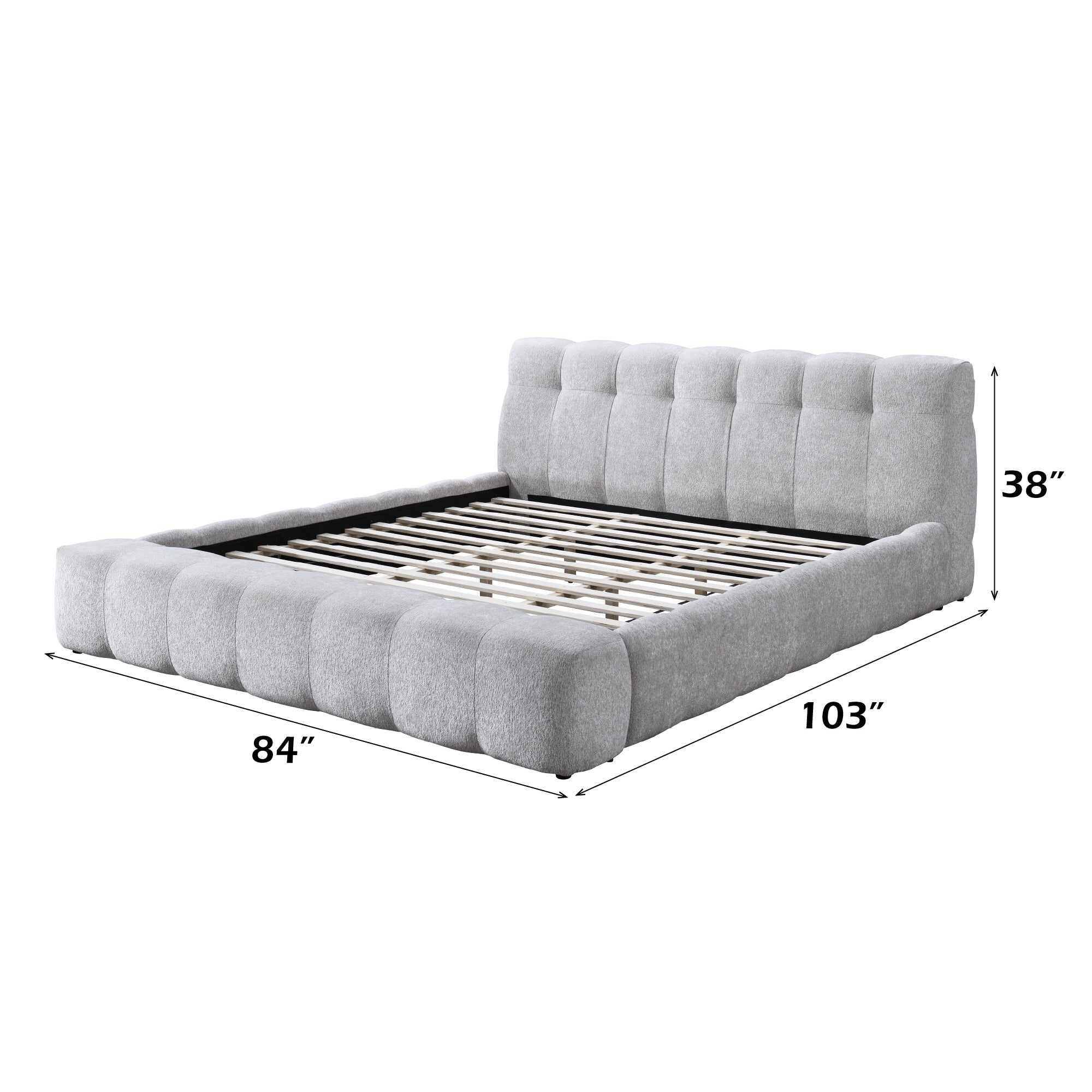 Eastern King Chenille Bed frame dimensions 103x84x38 inches, showing slatted base for mattress support and sturdy construction.